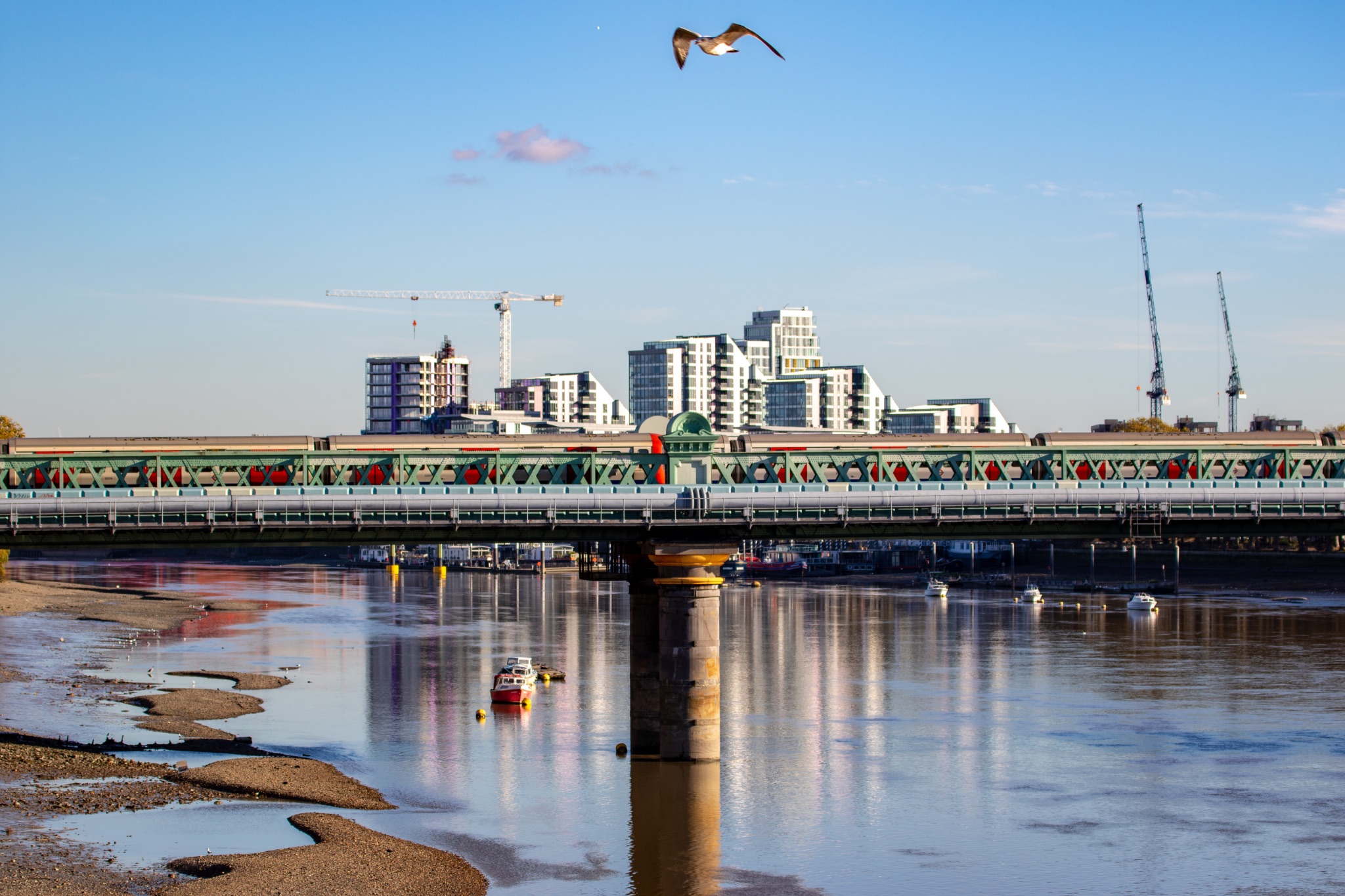Train crossing a bridge over a calm river with city skyline and construction cranes in the background, clear blue sky overhead.