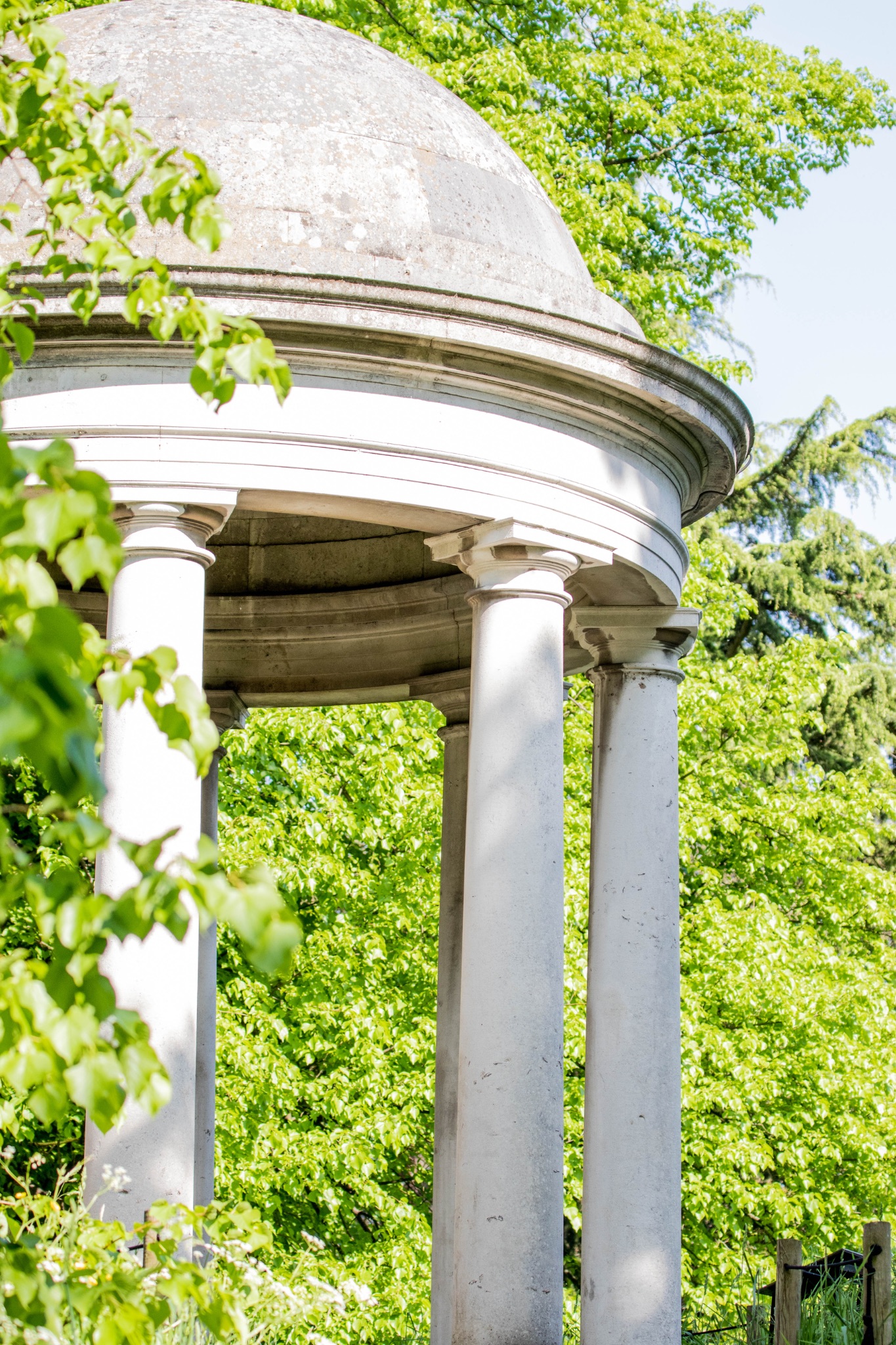 Classical white gazebo with columns surrounded by lush greenery in a serene park setting.