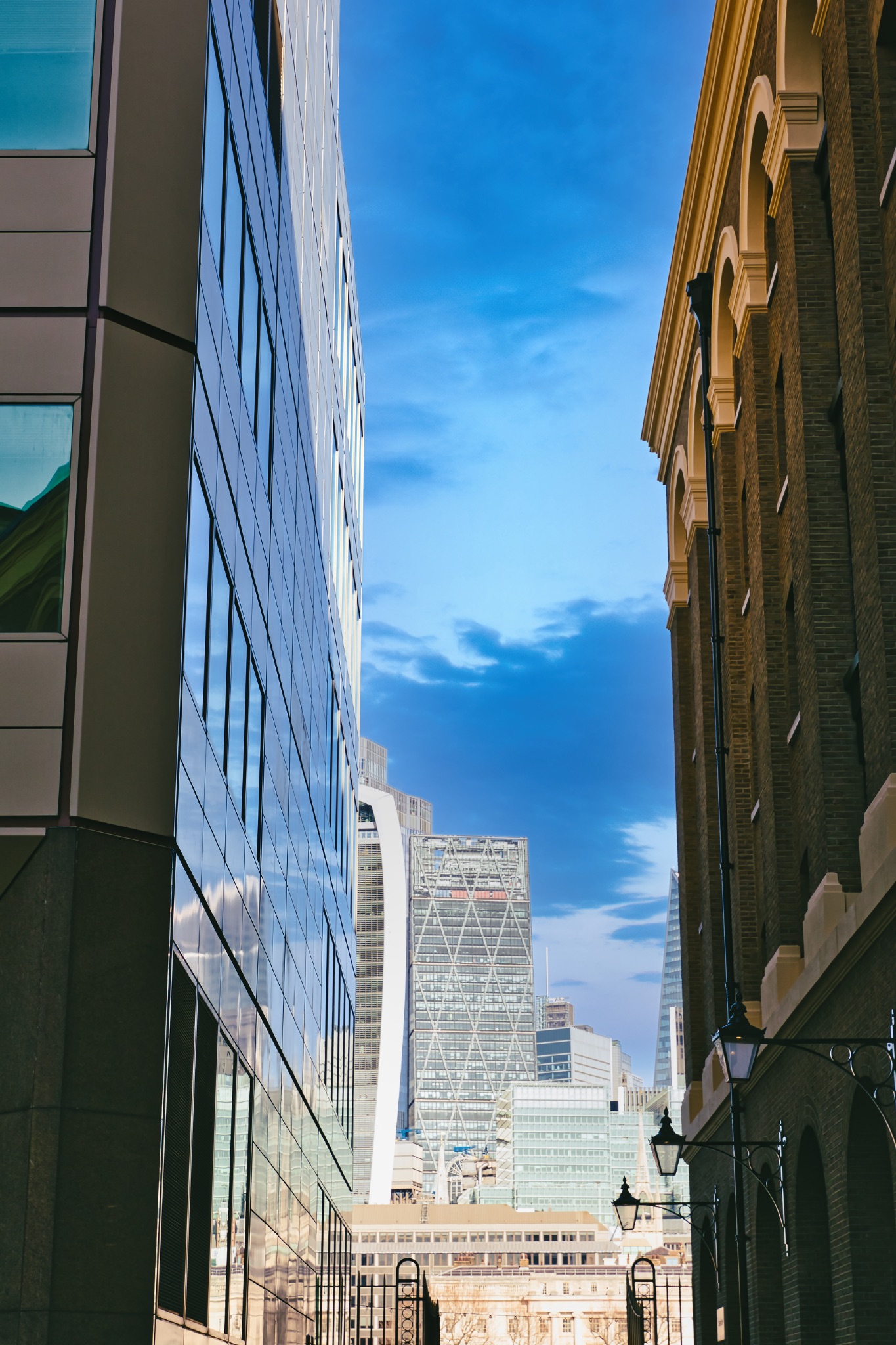 Modern and Historic Building Facades with City Skyline in London, UK.