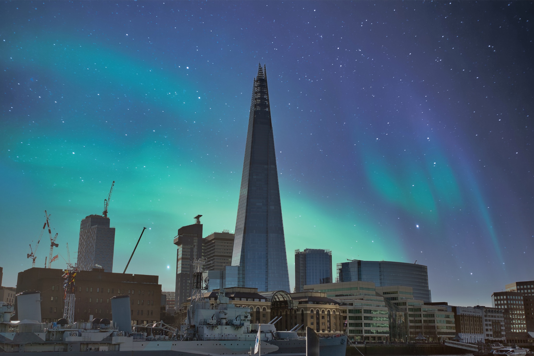 London Skyline at Night with Aurora Borealis