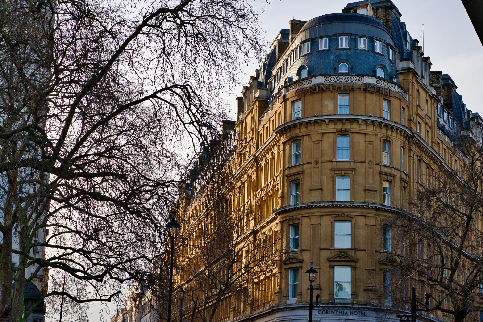 Corinthia Hotel Building with Winter Trees in London, UK.