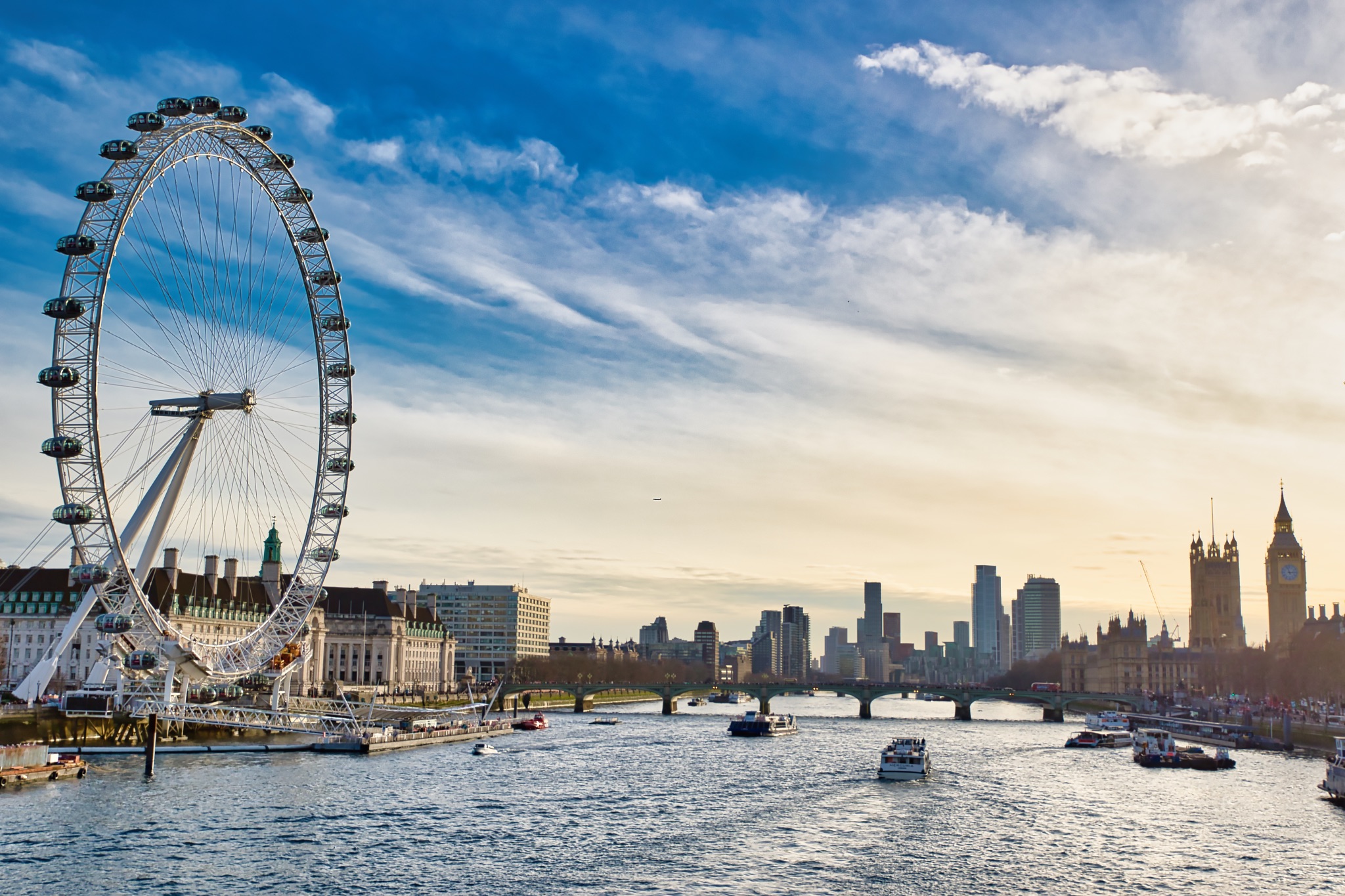 London Eye, River Thames, and Houses of Parliament