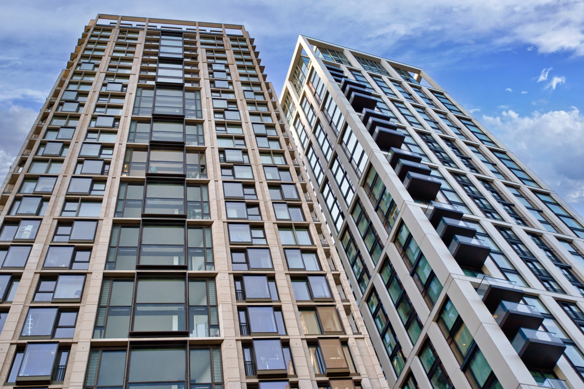 Two Adjacent High-Rise Residential Buildings in London, UK.