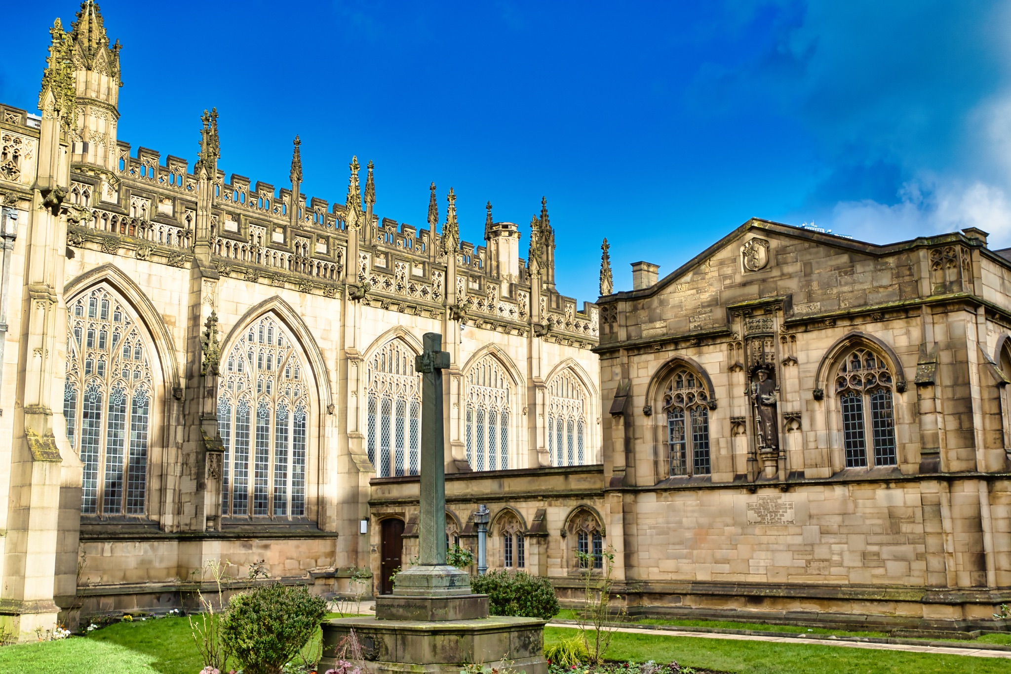 Exterior View of Cathedral Chapel and Adjoining Building in Manchester, UK.