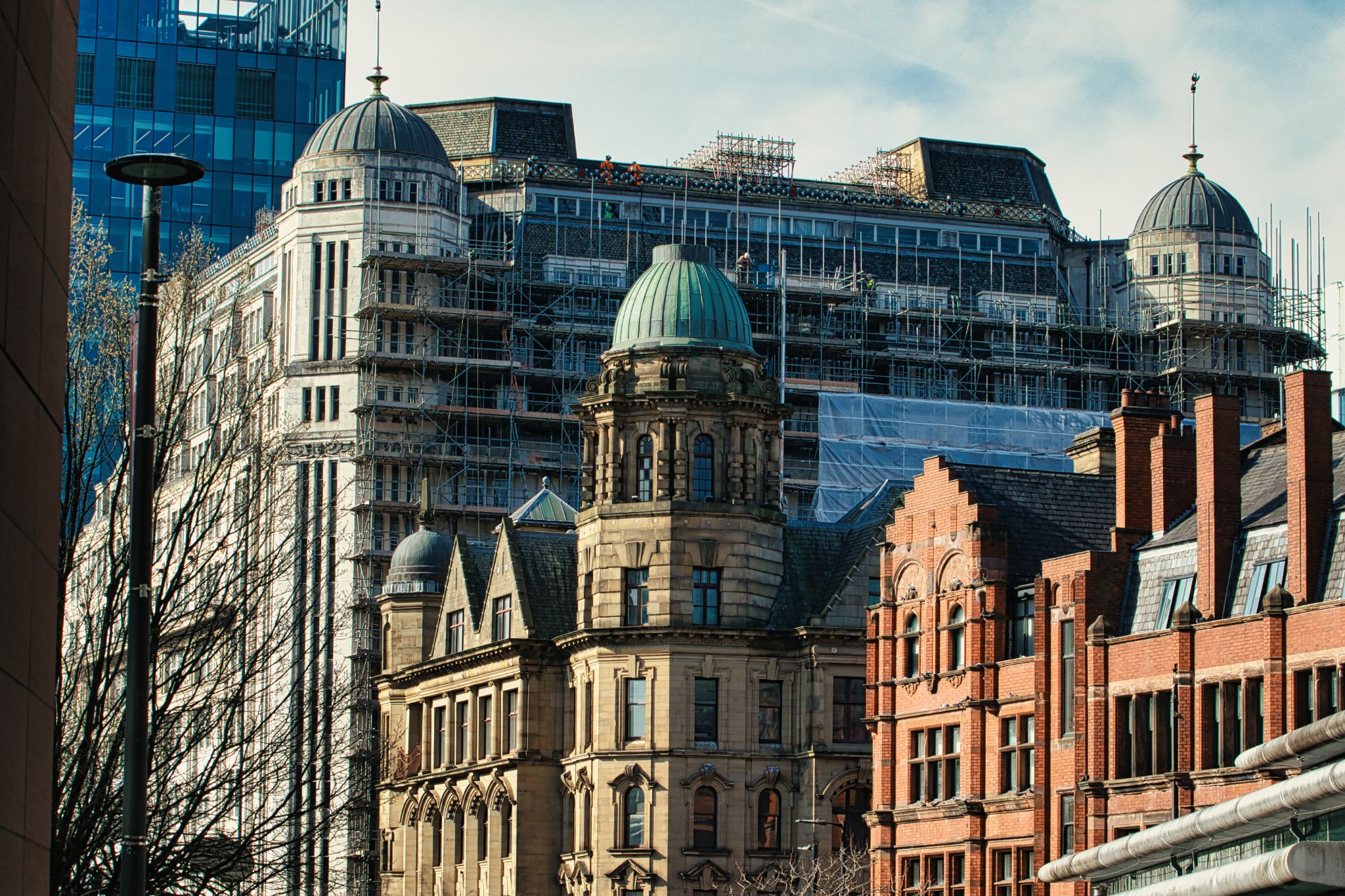 Buildings in Manchester, England with Scaffolding and Architectural Variety