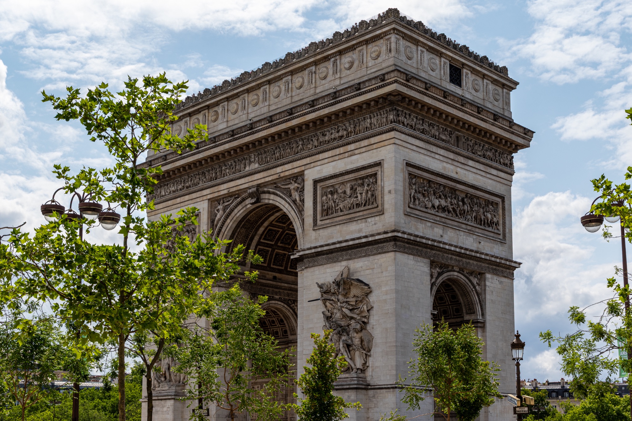 Arc de Triomphe, Paris, with Trees and Streetlights.