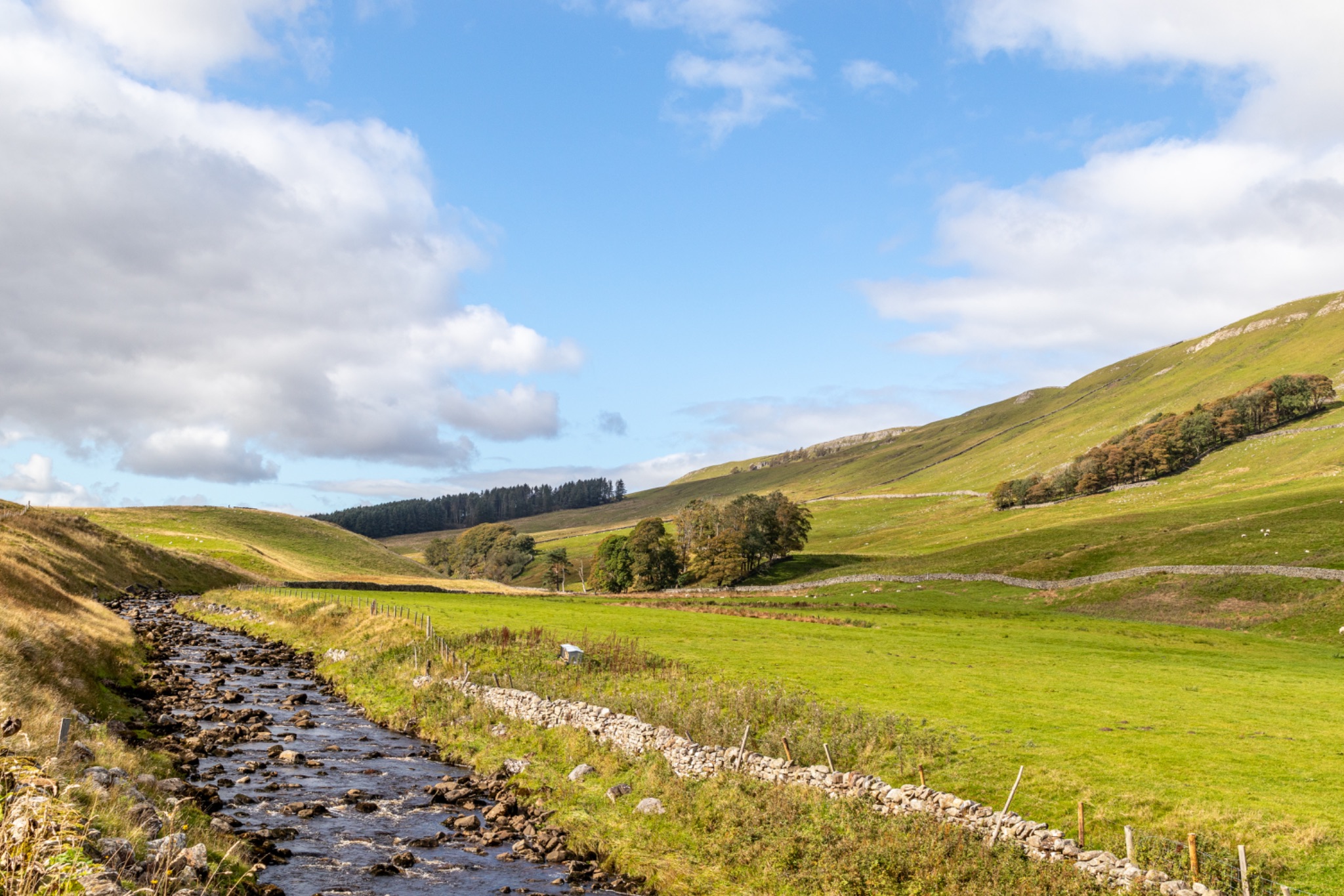 Idyllic countryside landscape with a stream, green hills, and a clear blue sky with clouds.