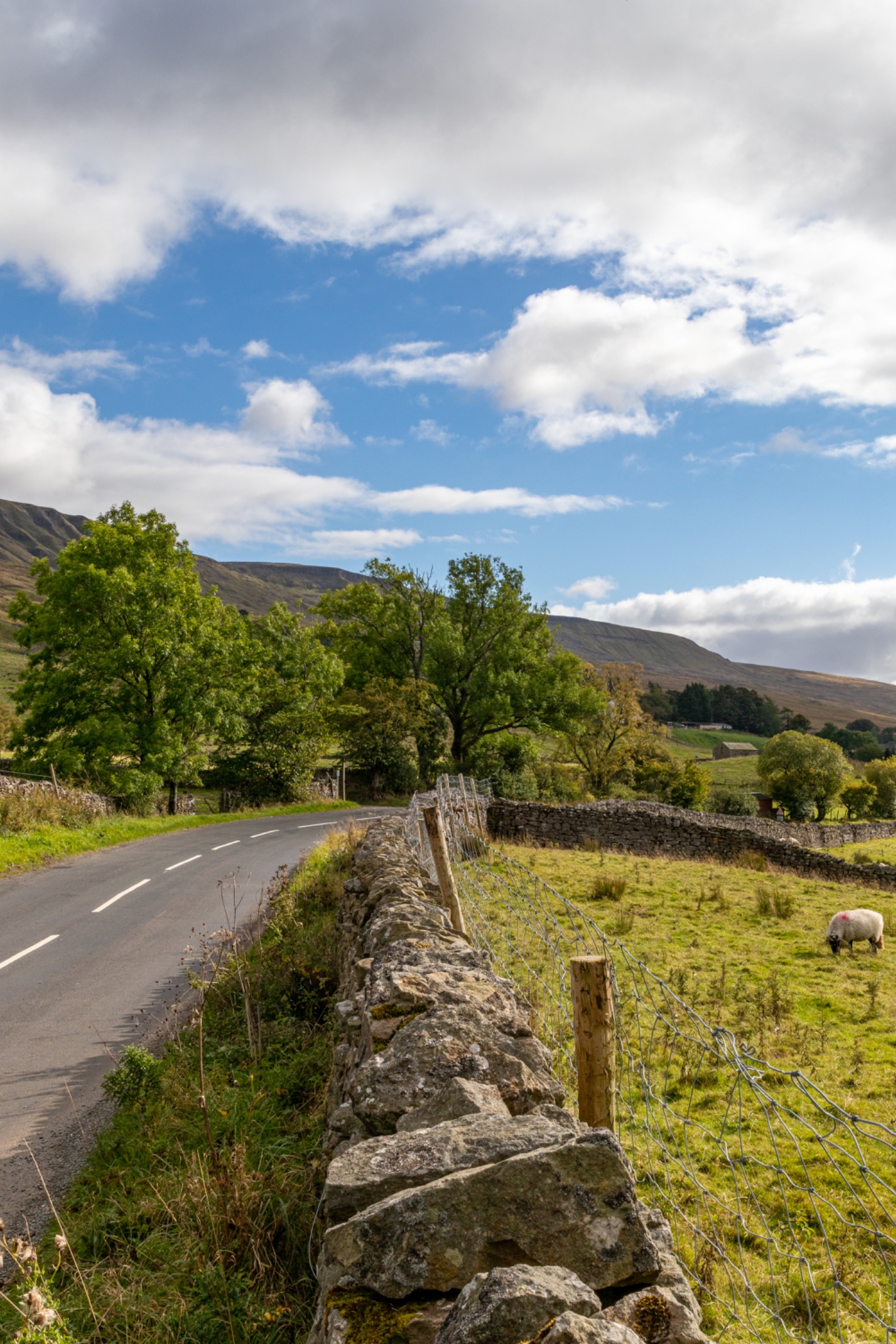 Scenic countryside road with stone wall, lush greenery, and rolling hills under a blue sky with clouds.