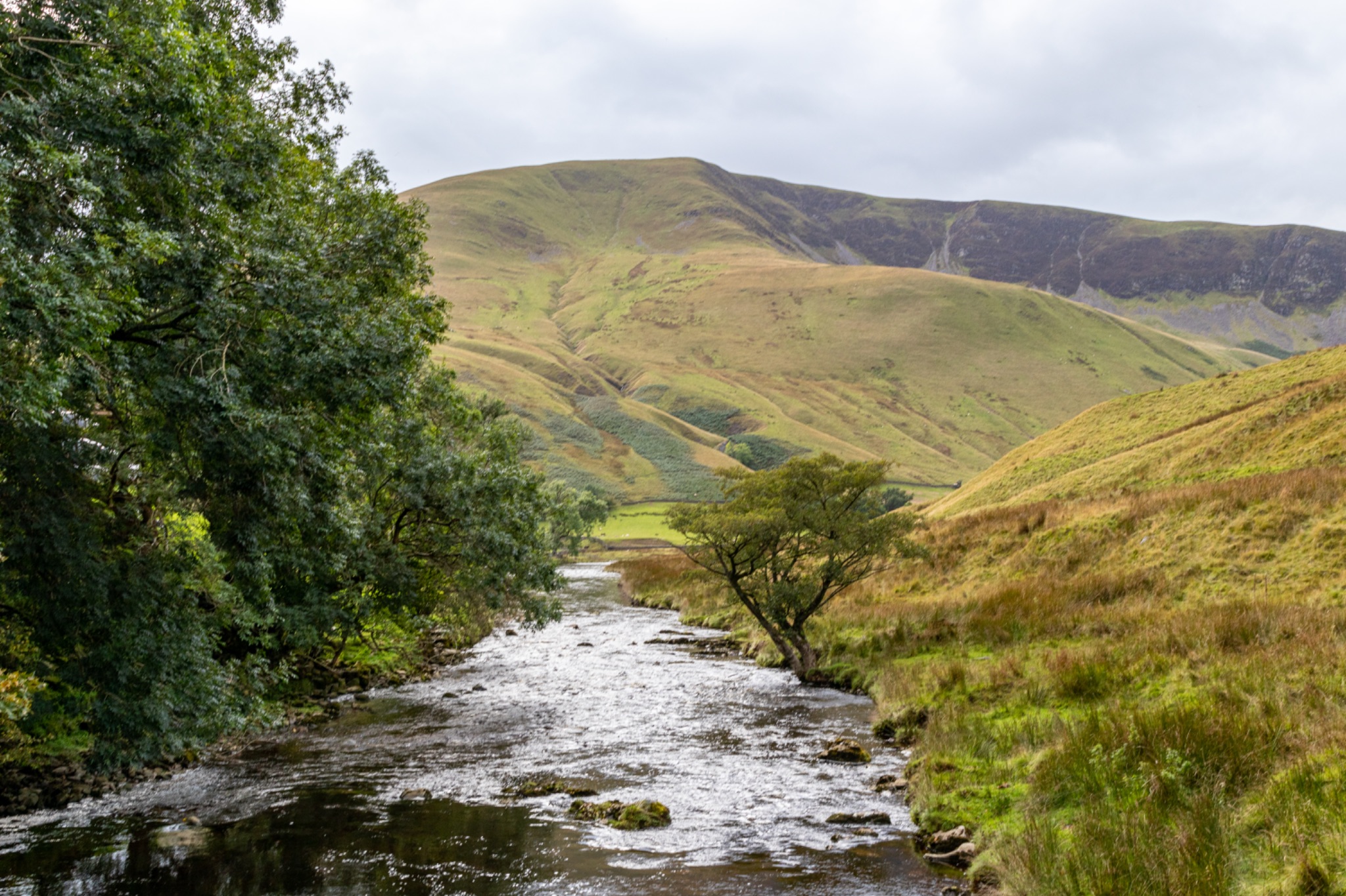 Serene river flowing through a lush valley with rolling hills under a cloudy sky.