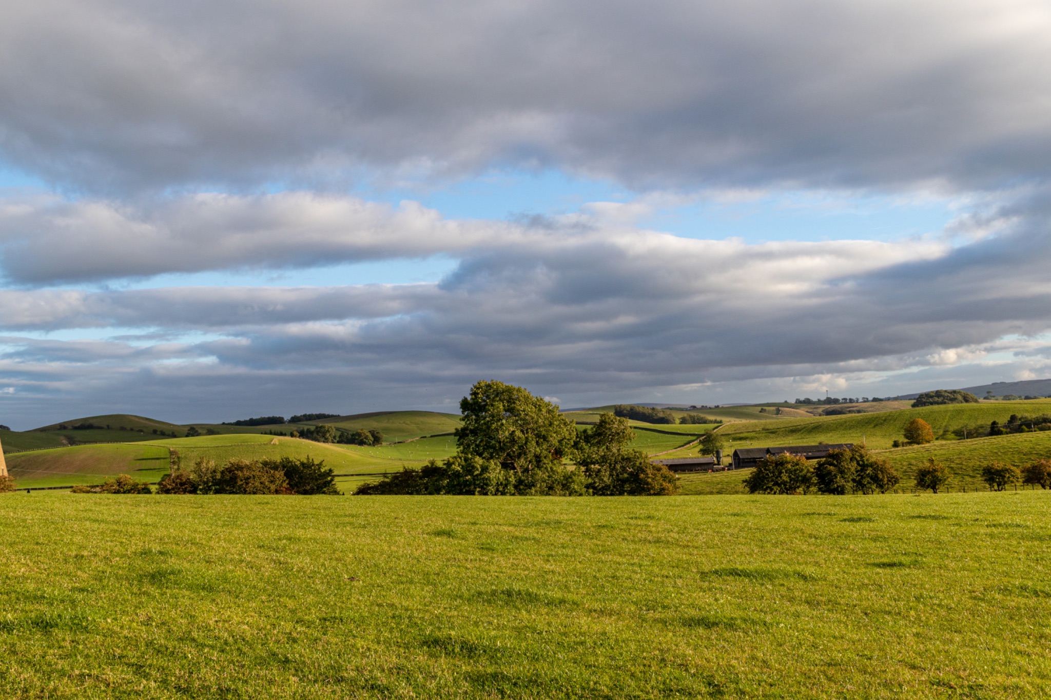 Serene countryside landscape with lush green fields under a dynamic cloudy sky.