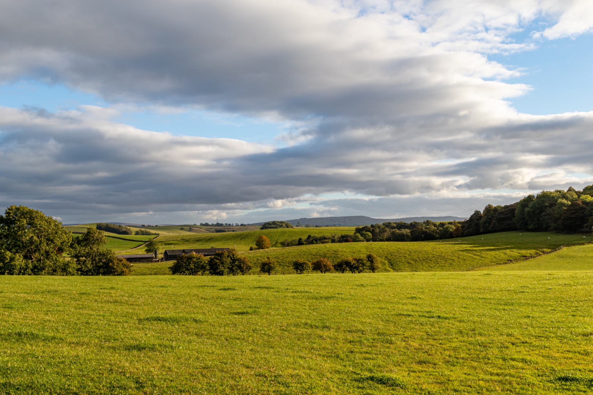 Serene countryside landscape with lush green fields under a dynamic cloudy sky.