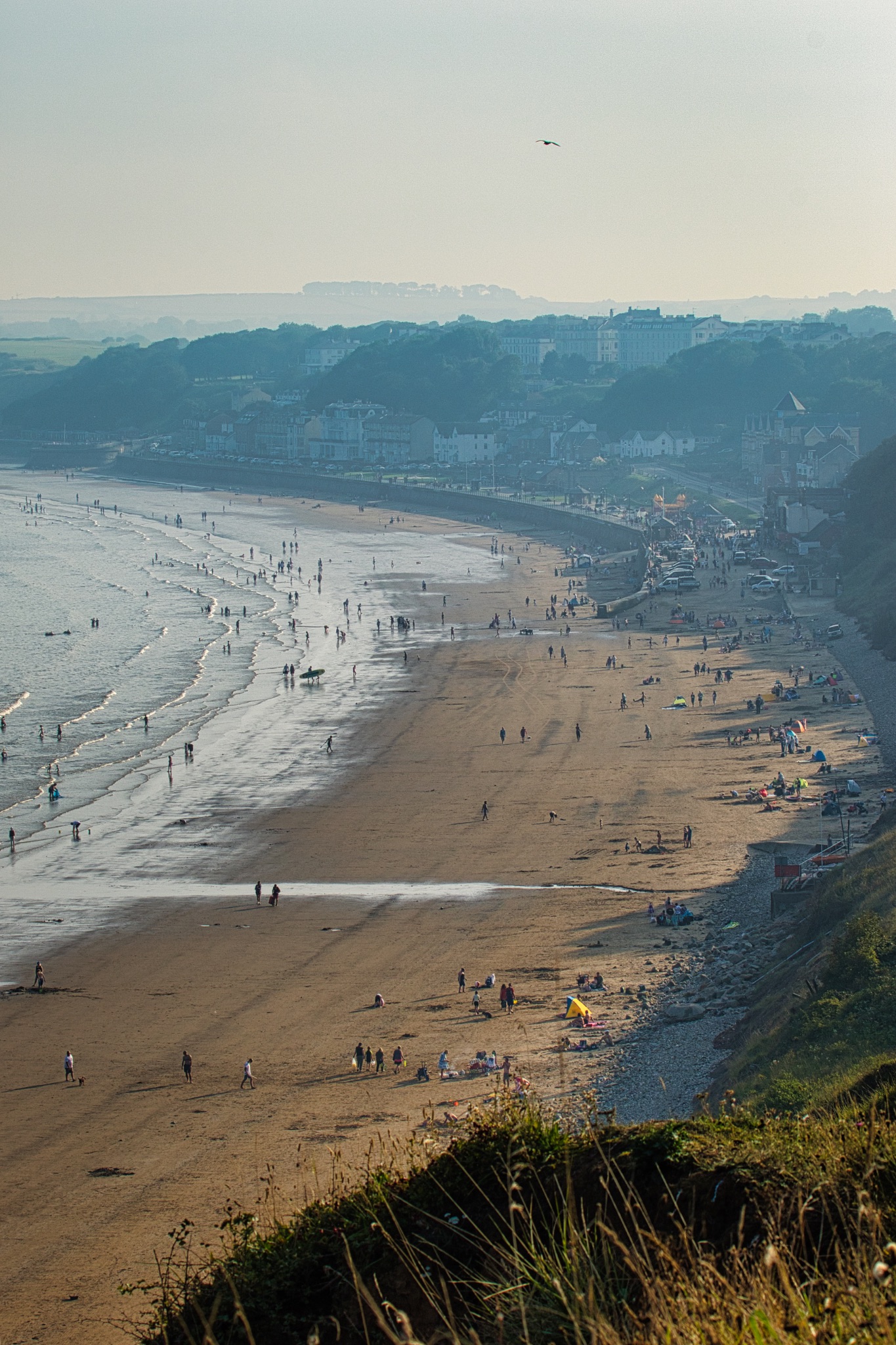 Crowded beach with people enjoying a sunny day, coastal landscape in the background in Filey, England.