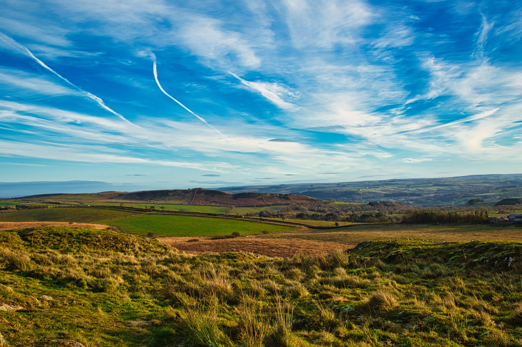 Scenic landscape with vibrant blue sky and wispy clouds over lush green fields and rolling hills at Sycamore Gap, Northumberland, UK.