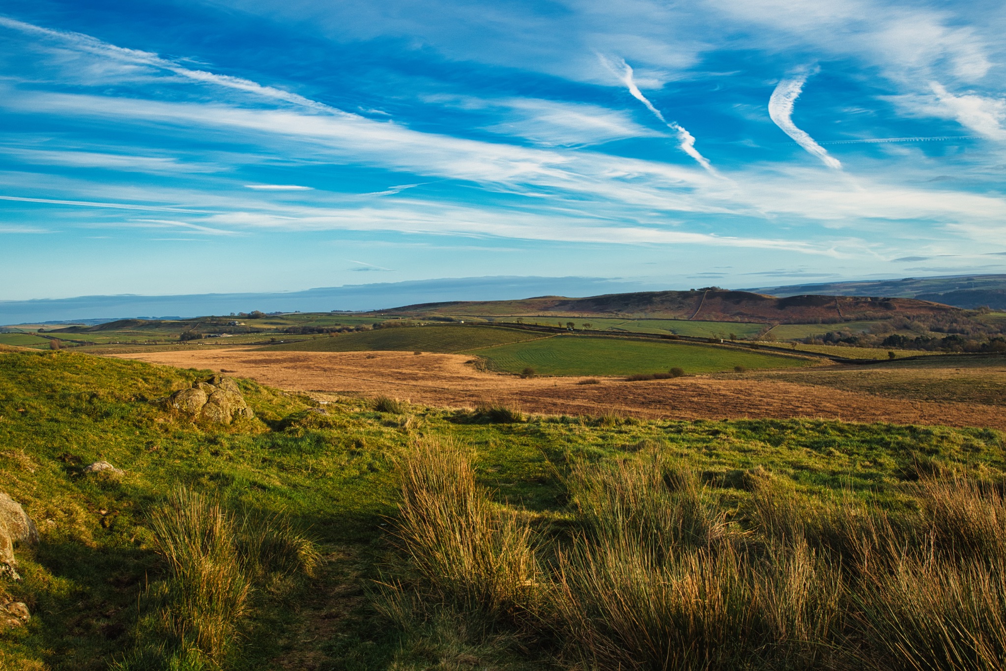 Scenic landscape with lush green fields, rolling hills, and a clear blue sky with wispy clouds at Sycamore Gap, Northumberland, UK.
