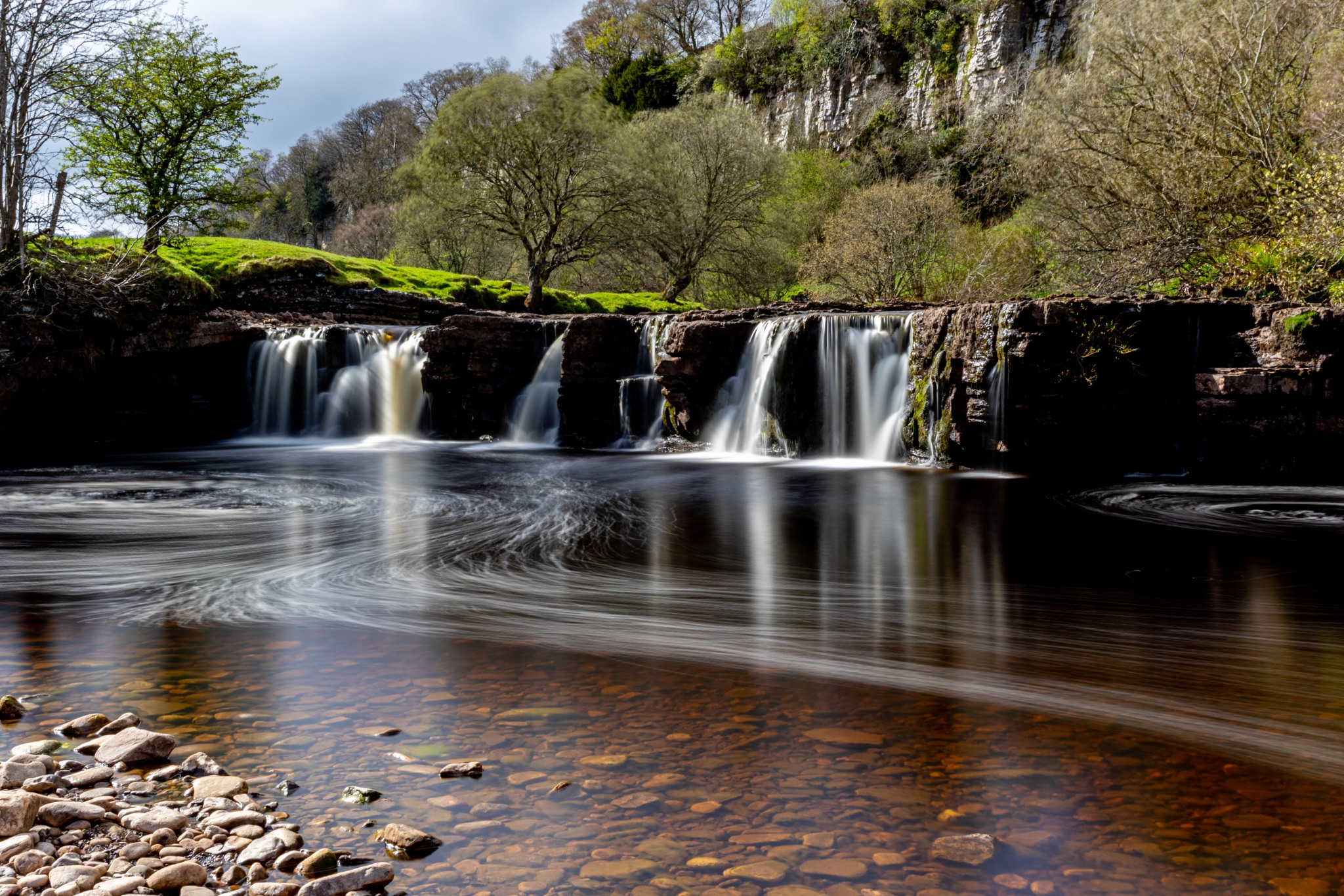 Tranquil waterfall with smooth flowing water in a lush green landscape, under a clear sky.