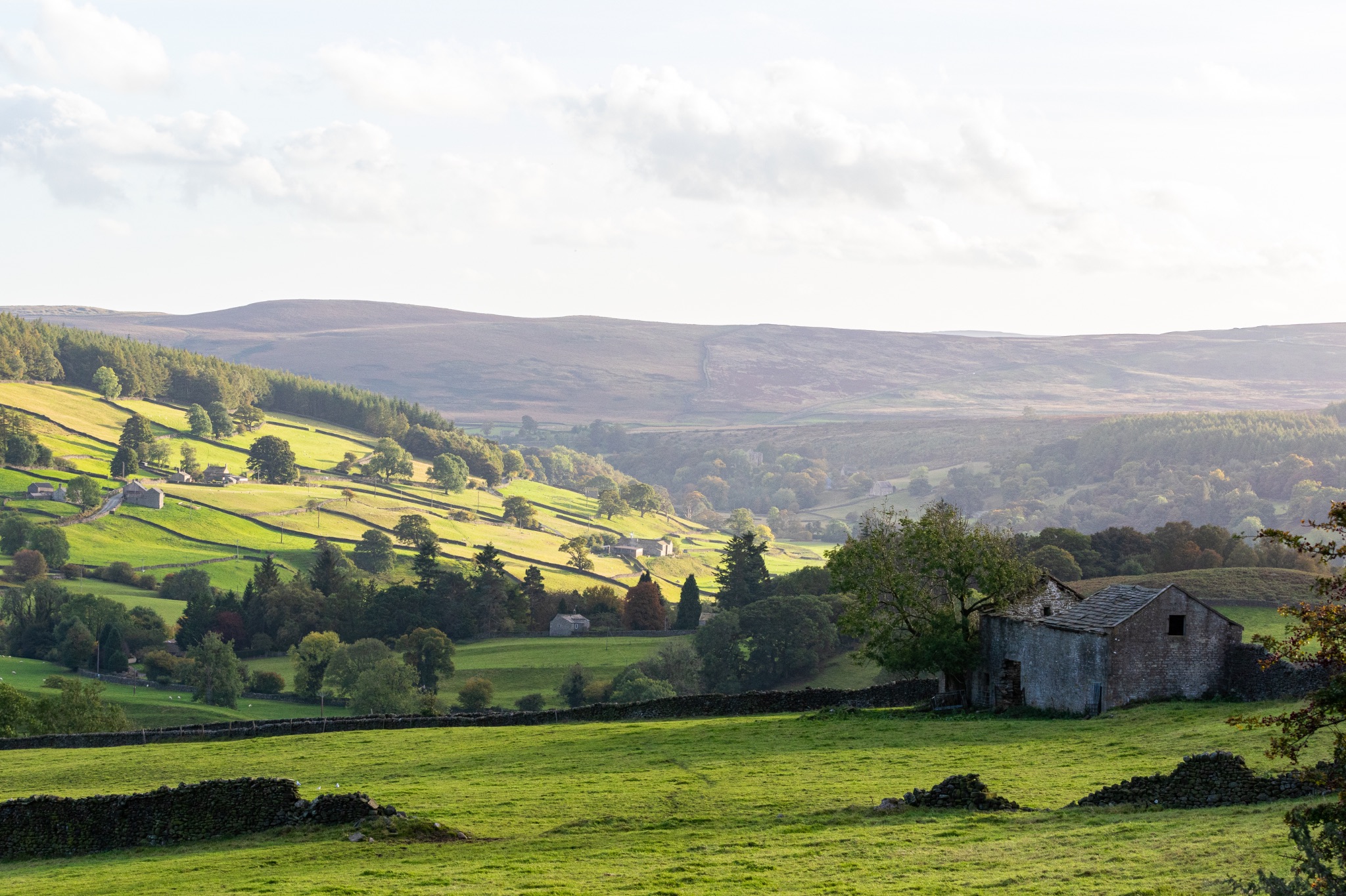 Idyllic countryside landscape with rolling hills, green fields, and a farmhouse under a soft, sunlit sky.
